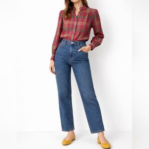 VINTAGE Plaid Lurex Button-Up Blouse | M | Red Green Yellow | Subtle Shimmer